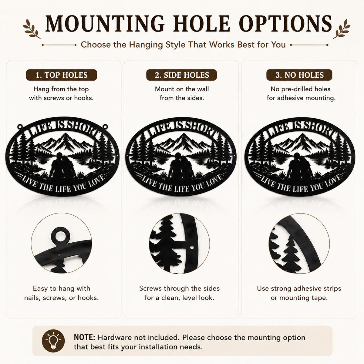 Comparison of mounting options for the personalized mountain lake couple metal sign, including no holes, hanging loops, and side holes.