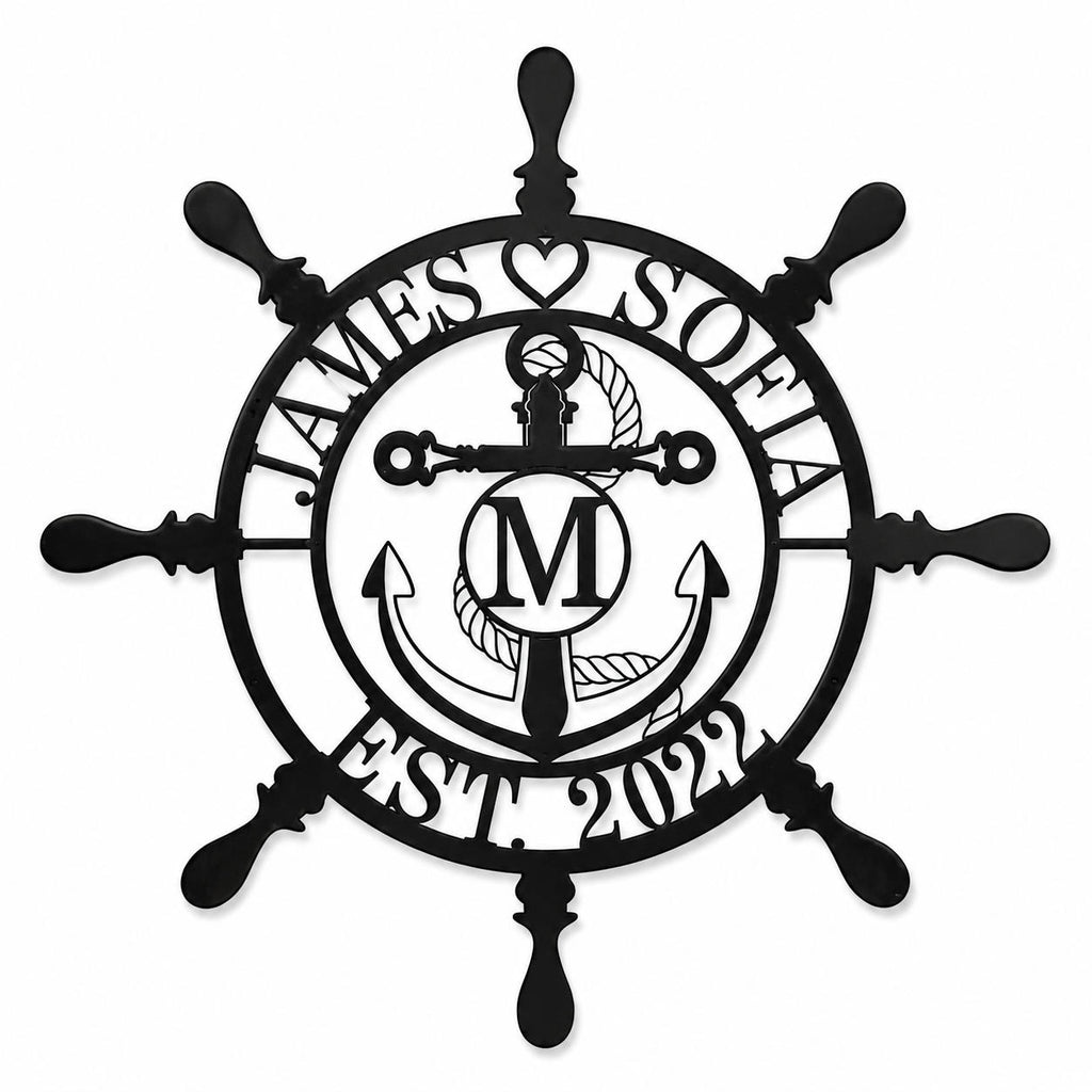 Personalized nautical metal ship wheel wall decor with anchor, custom family name, monogram initial and established year, black powder-coated steel sign.