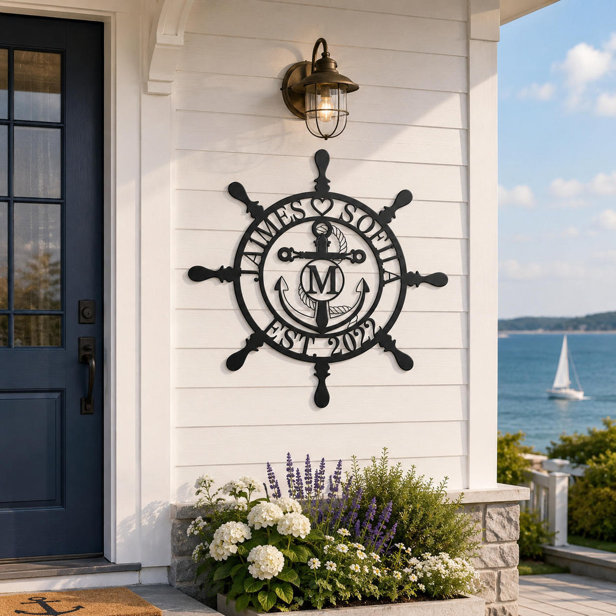 Personalized nautical ship wheel metal sign mounted on a coastal beach house entrance, custom family name wall decor for outdoor home decoration.