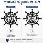 Comparison of no-hole and side handle hole mounting options for a personalized metal ship wheel sign with easy installation choices.