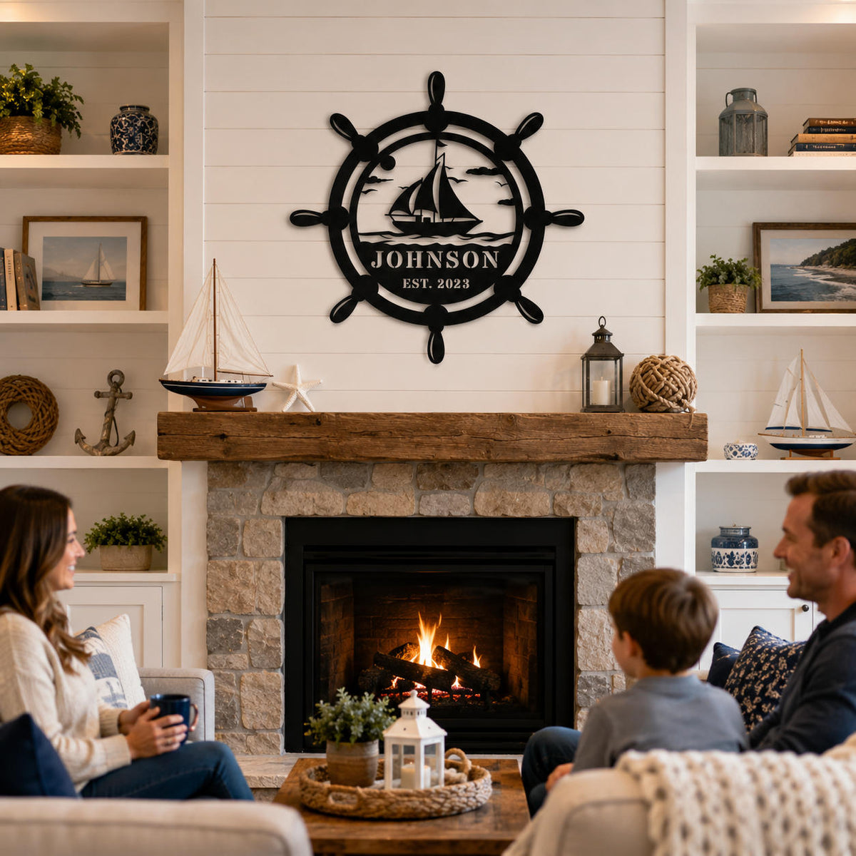 Personalized nautical metal wall sign displayed above a fireplace in a coastal style living room.