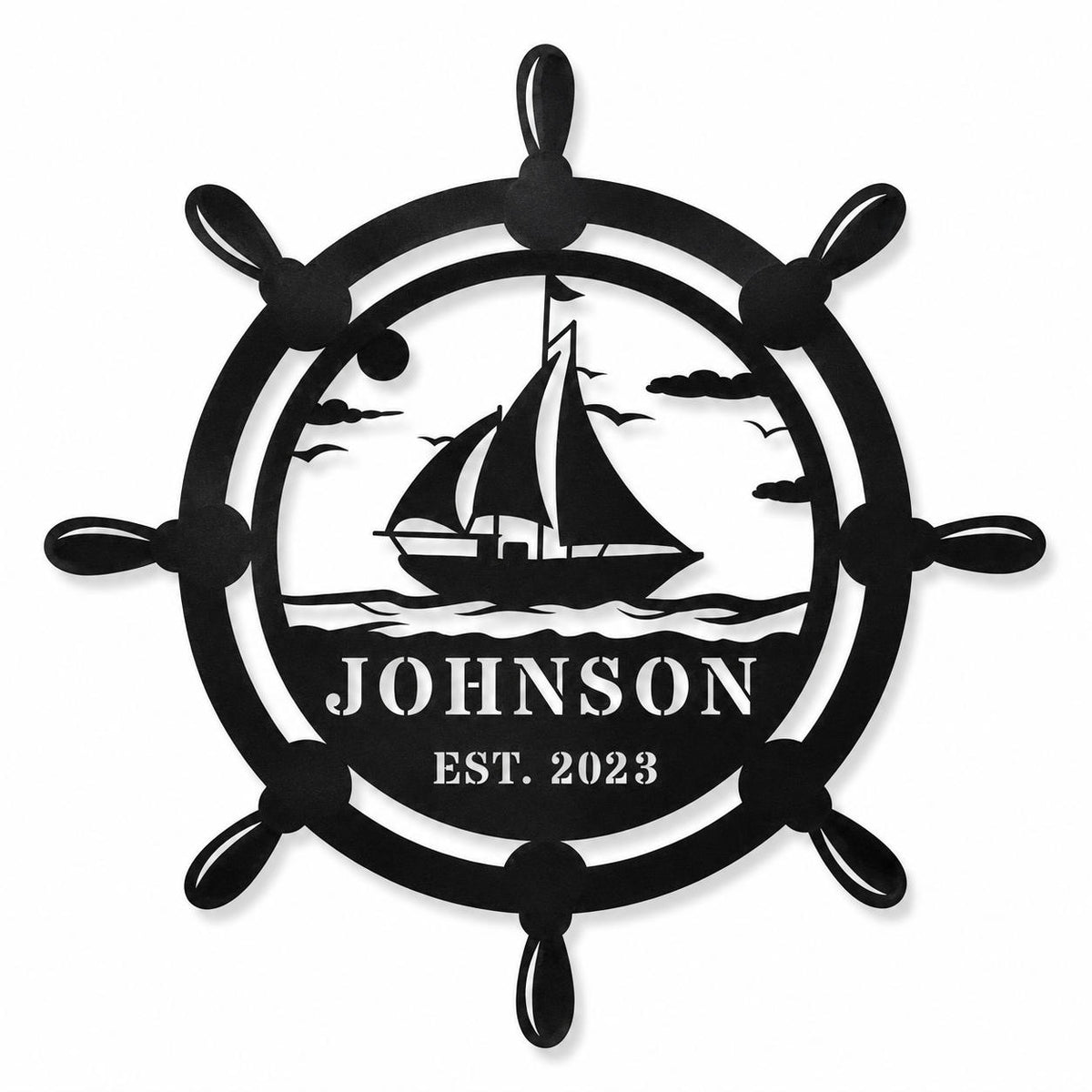 Personalized ship wheel metal sign with sailboat design and custom text displayed on a clean white background.