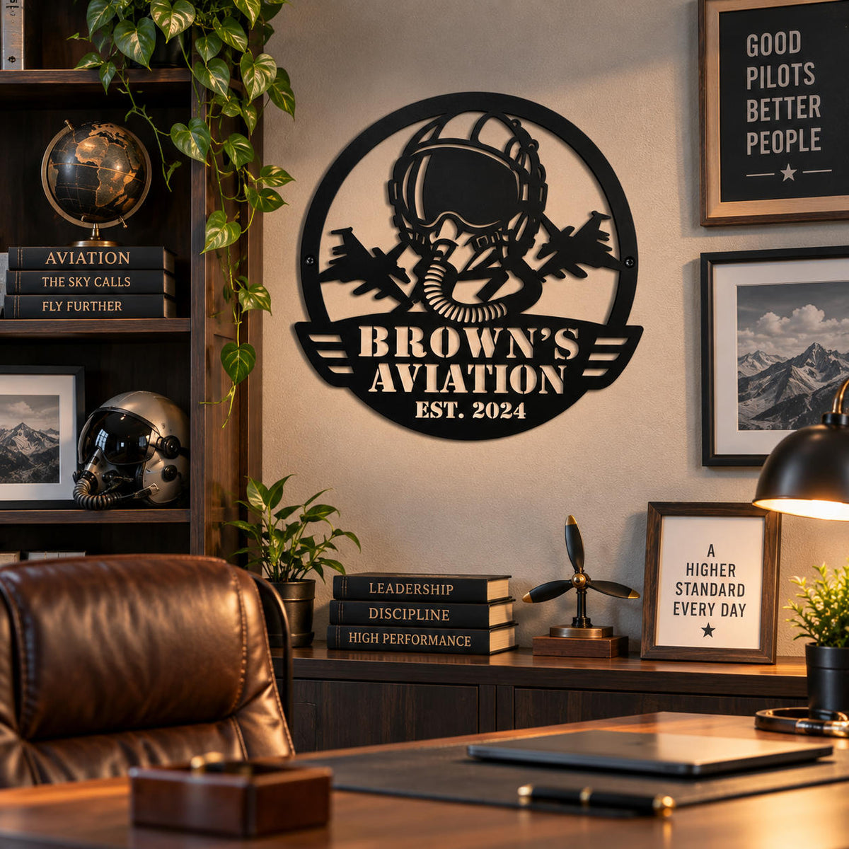 Personalized aviation metal sign displayed in a masculine home office with warm wood furnishings.