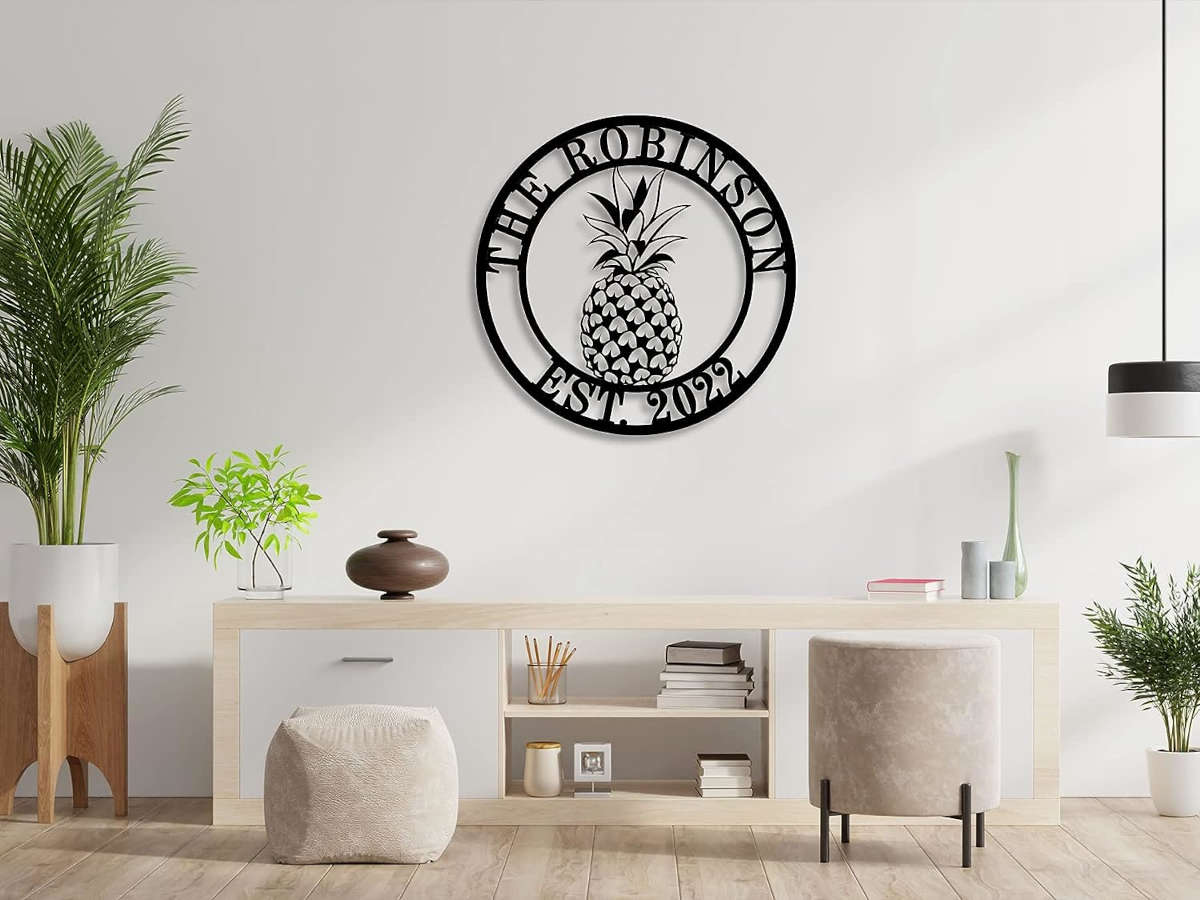 Round pineapple metal sign with personalized name and established year, custom steel wall décor, laser cut tropical design, powder coated finish, optional pre-drilled holes for easy mounting.
