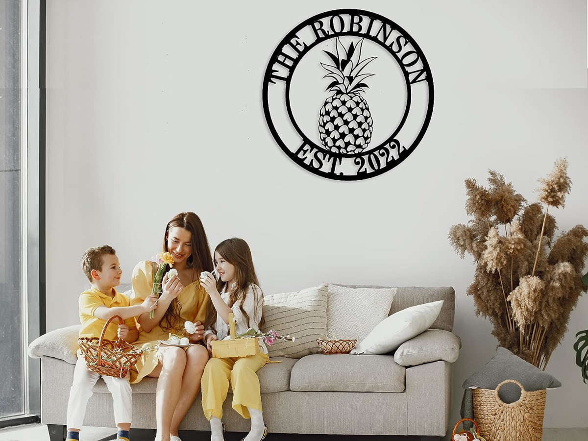 Round pineapple metal sign with personalized name and established year, custom steel wall décor, laser cut tropical design, powder coated finish, optional pre-drilled holes for easy mounting.