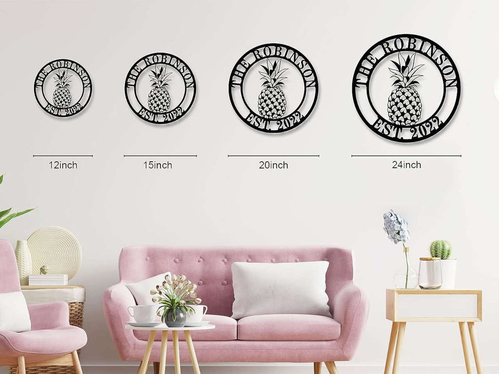 Round pineapple metal sign with personalized name and established year, custom steel wall décor, laser cut tropical design, powder coated finish, optional pre-drilled holes for easy mounting.