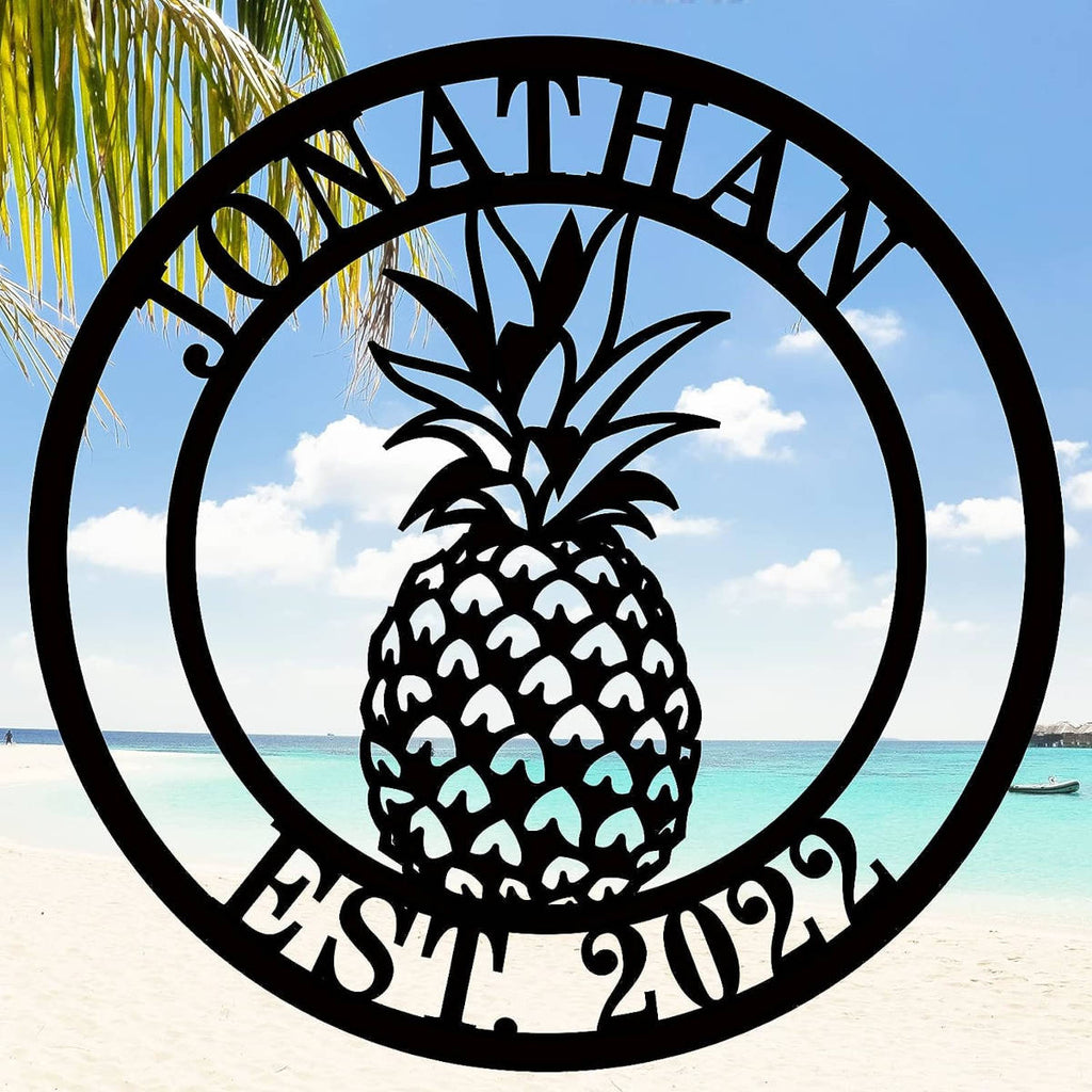 Round pineapple metal sign with personalized name and established year, custom steel wall décor, laser cut tropical design, powder coated finish, optional pre-drilled holes for easy mounting.