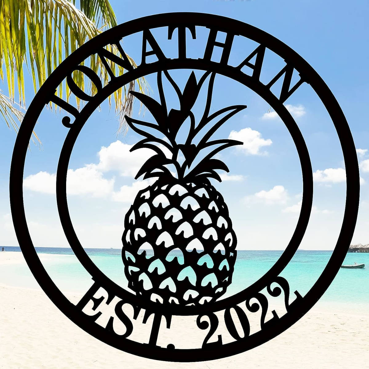Round pineapple metal sign with personalized name and established year, custom steel wall décor, laser cut tropical design, powder coated finish, optional pre-drilled holes for easy mounting.