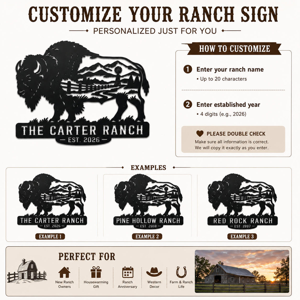 Customization guide for adding a ranch name and established year to a buffalo metal sign.