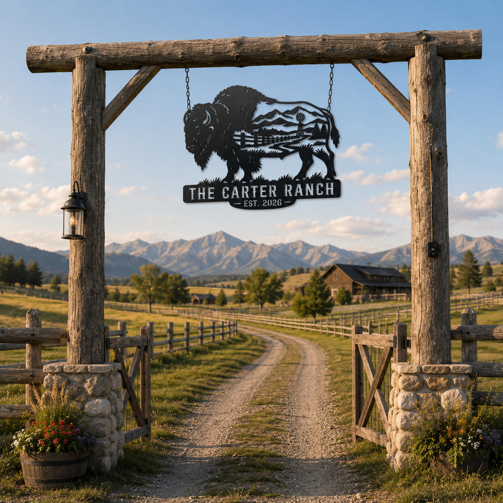 Personalized buffalo metal sign displayed at a rustic wooden ranch entrance.
