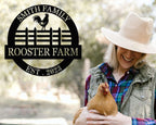 Custom rooster farm metal sign with personalized family name and established year, laser-cut from premium steel and powder coated for farmhouse wall décor.