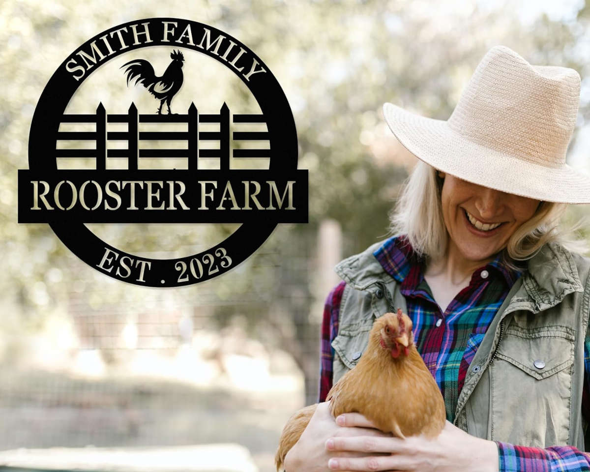 Custom rooster farm metal sign with personalized family name and established year, laser-cut from premium steel and powder coated for farmhouse wall décor.