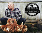 Custom rooster farm metal sign with personalized family name and established year, laser-cut from premium steel and powder coated for farmhouse wall décor.