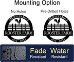Custom rooster farm metal sign with personalized family name and established year, laser-cut from premium steel and powder coated for farmhouse wall décor.