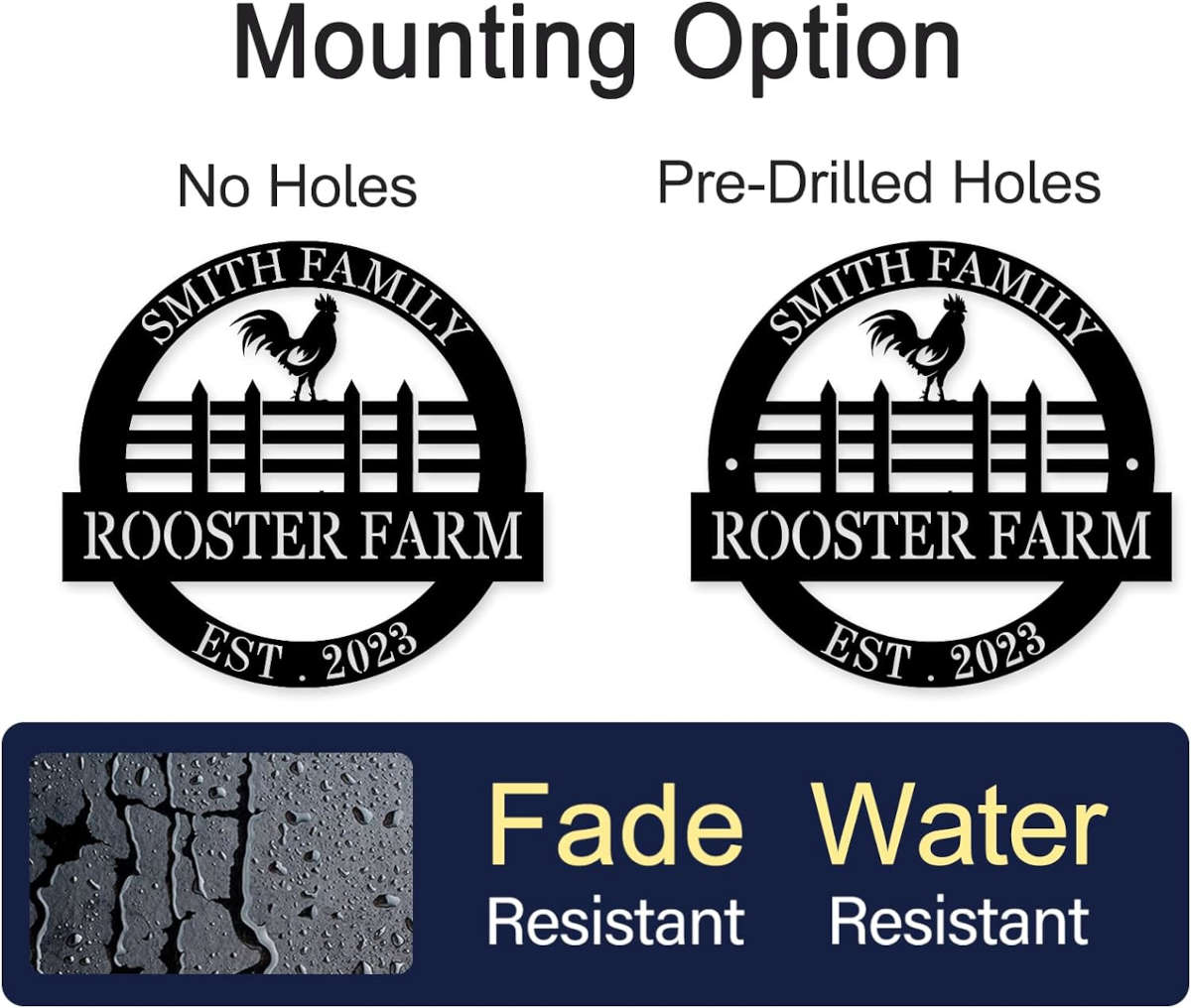 Custom rooster farm metal sign with personalized family name and established year, laser-cut from premium steel and powder coated for farmhouse wall décor.