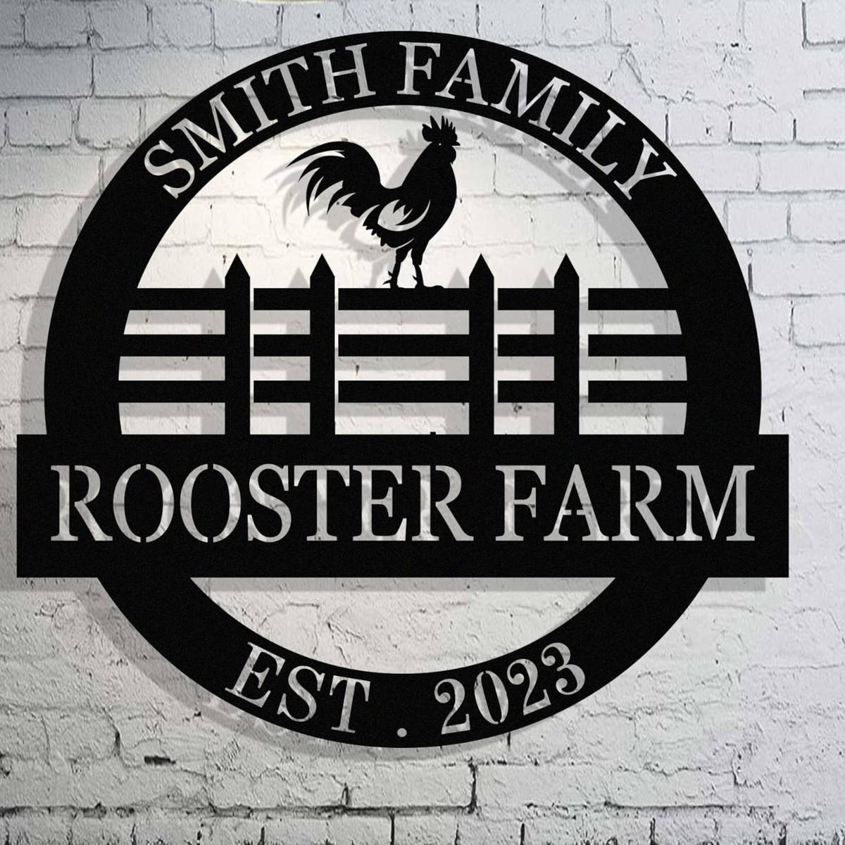 Custom rooster farm metal sign with personalized family name and established year, laser-cut from premium steel and powder coated for farmhouse wall décor. Main image
