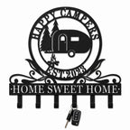 Personalized RV camper metal key holder with custom family name, custom EST year, custom bottom text, and six key hooks on a white background.