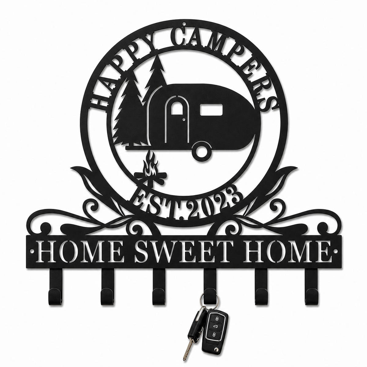 Personalized RV camper metal key holder with custom family name, custom EST year, custom bottom text, and six key hooks on a white background.