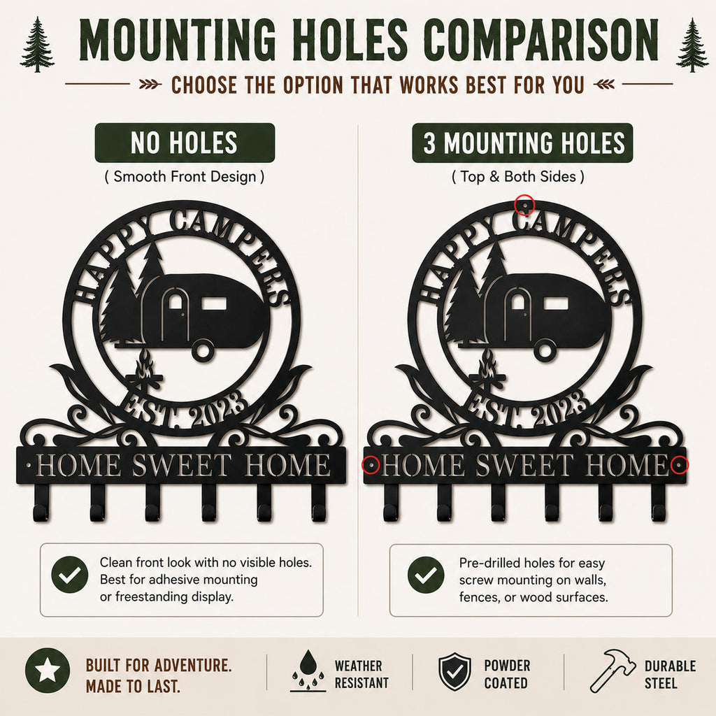 Comparison of personalized RV camper metal key holder with no mounting holes and optional three mounting holes for wall installation.