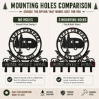 Comparison of personalized RV camper metal key holder with no mounting holes and optional three mounting holes for wall installation.