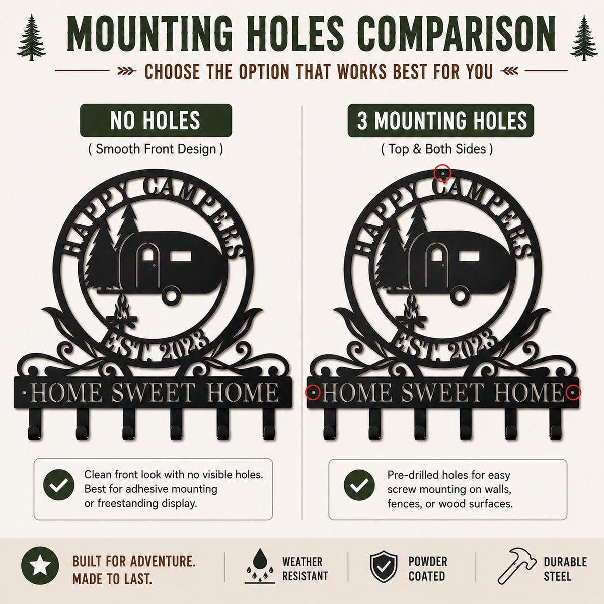 Comparison of personalized RV camper metal key holder with no mounting holes and optional three mounting holes for wall installation.
