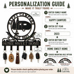 Personalization guide showing where to customize the family name, EST year, bottom text, and mounting hole option.
