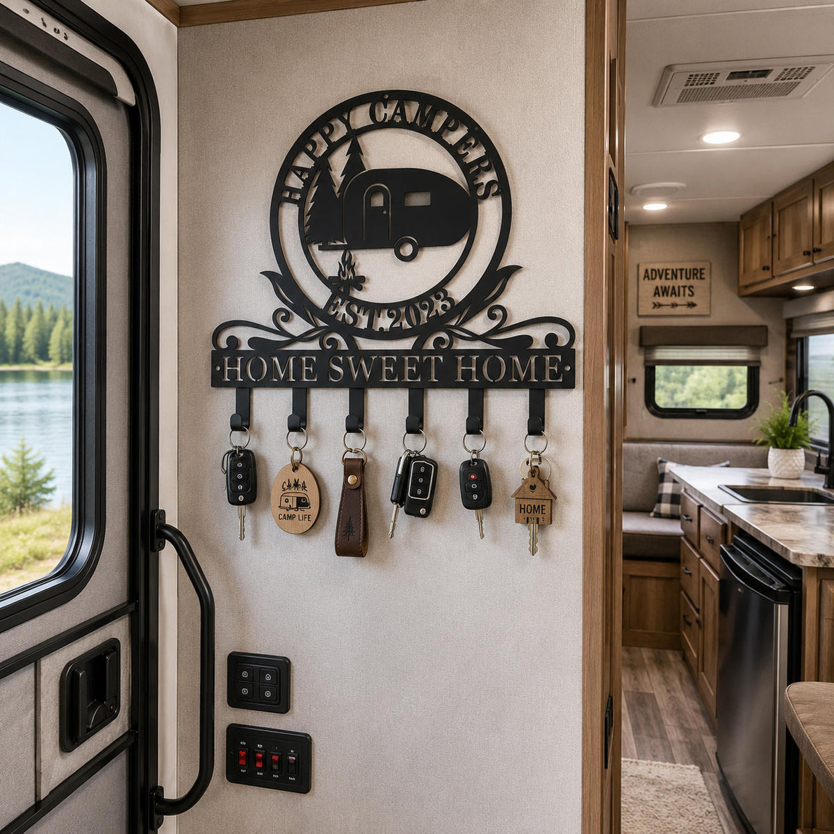 Custom RV camper metal key holder installed inside an RV entrance, keeping keys and camping essentials organized.