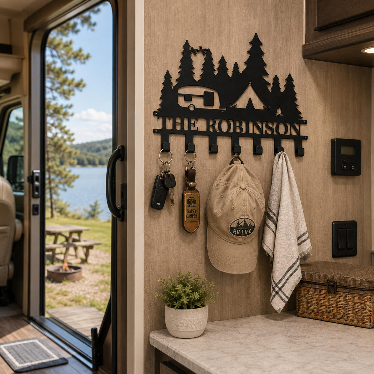 Personalized RV key rack mounted inside a camper with keys, a cap, and a light hand towel.