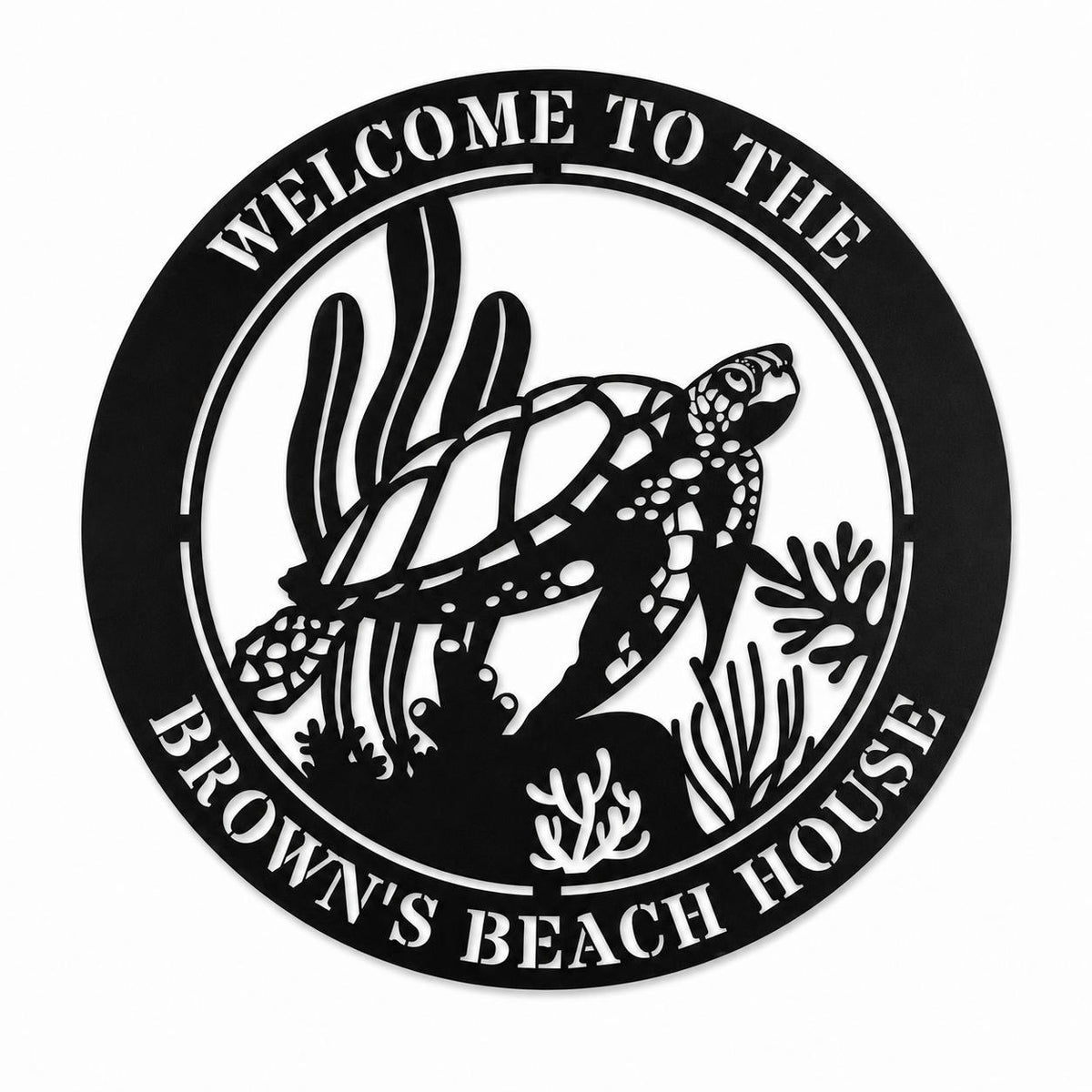 Personalized sea turtle beach house metal sign with custom family name on a white background. Main image