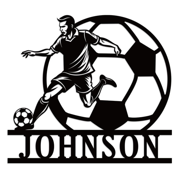 Personalized soccer metal sign featuring a soccer player kicking a ball with customizable name, laser-cut from premium steel and powder-coated for outdoor wall decor