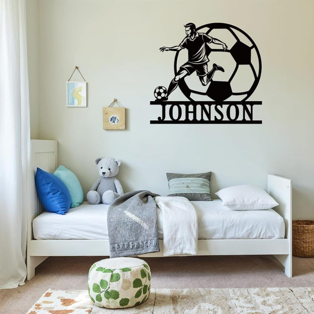 Personalized soccer metal sign featuring a soccer player kicking a ball with customizable name, laser-cut from premium steel and powder-coated for outdoor wall decor