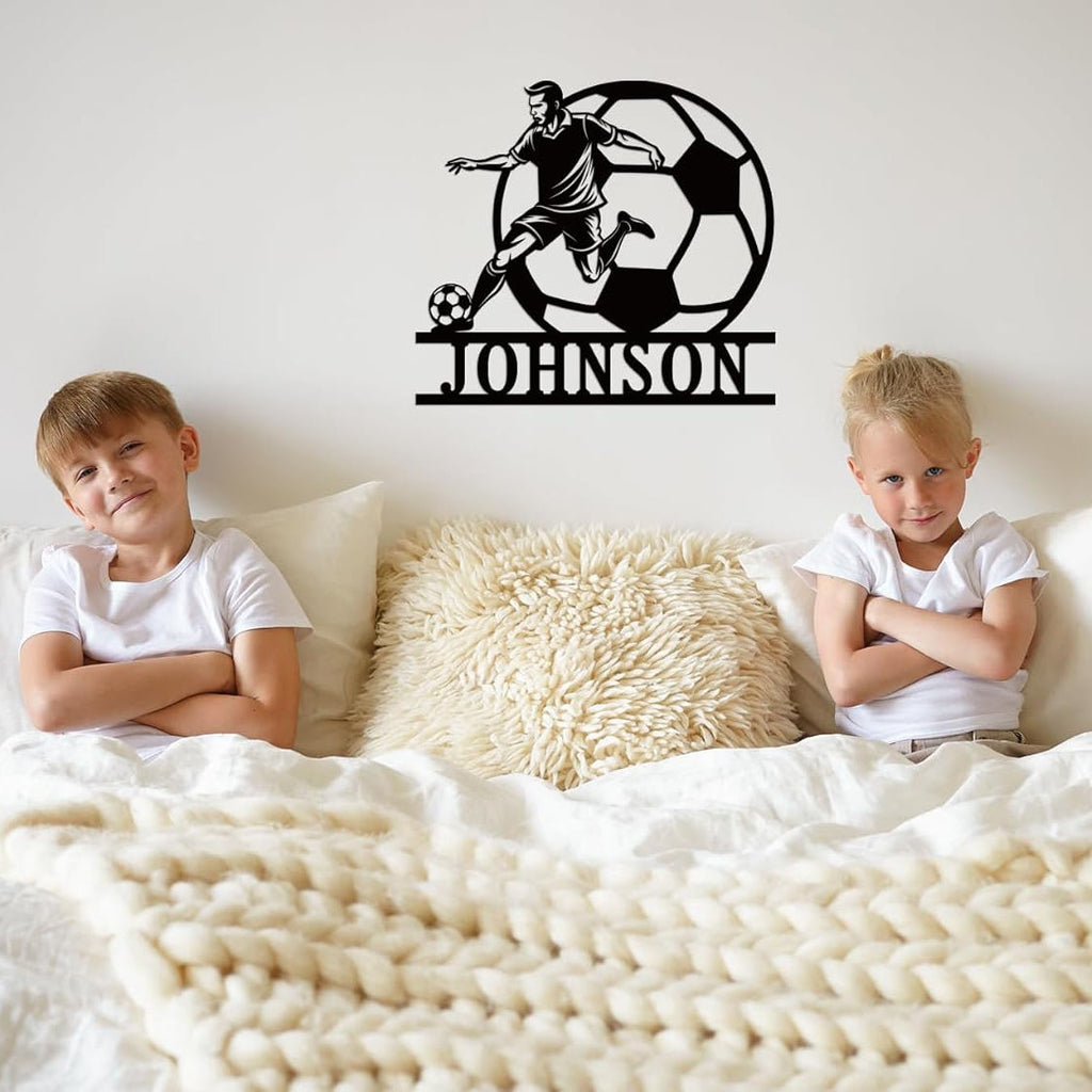 Personalized soccer metal sign featuring a soccer player kicking a ball with customizable name, laser-cut from premium steel and powder-coated for outdoor wall decor