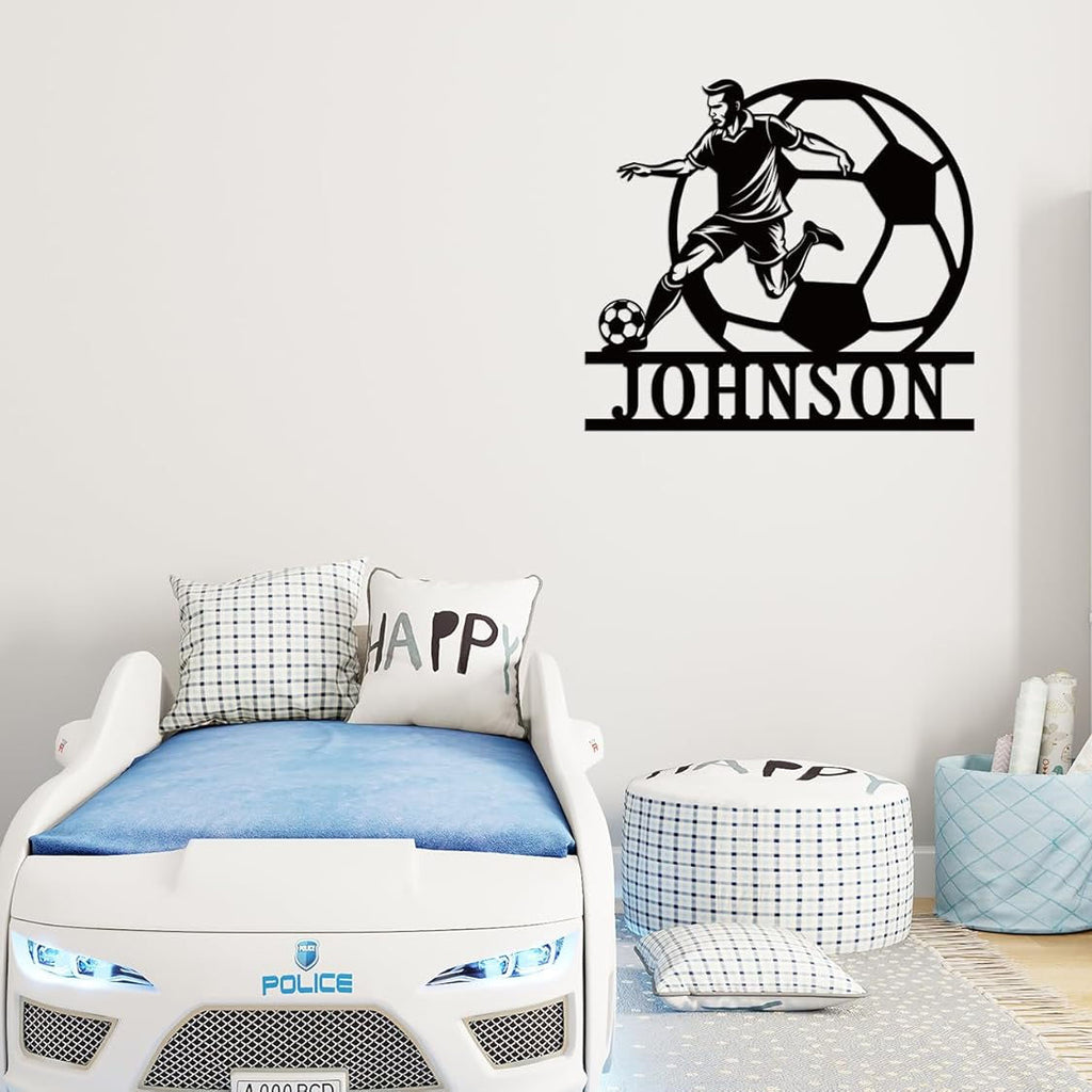 Personalized soccer metal sign featuring a soccer player kicking a ball with customizable name, laser-cut from premium steel and powder-coated for outdoor wall decor