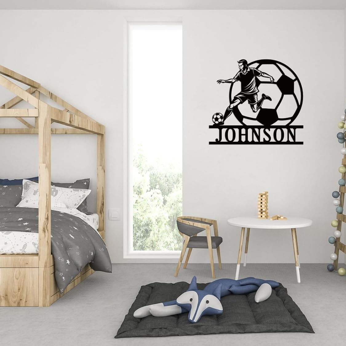 Personalized soccer metal sign featuring a soccer player kicking a ball with customizable name, laser-cut from premium steel and powder-coated for outdoor wall decor