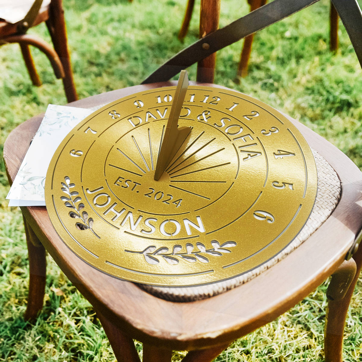 Custom metal sundial with names, year, and laurel design — unique anniversary gift idea.