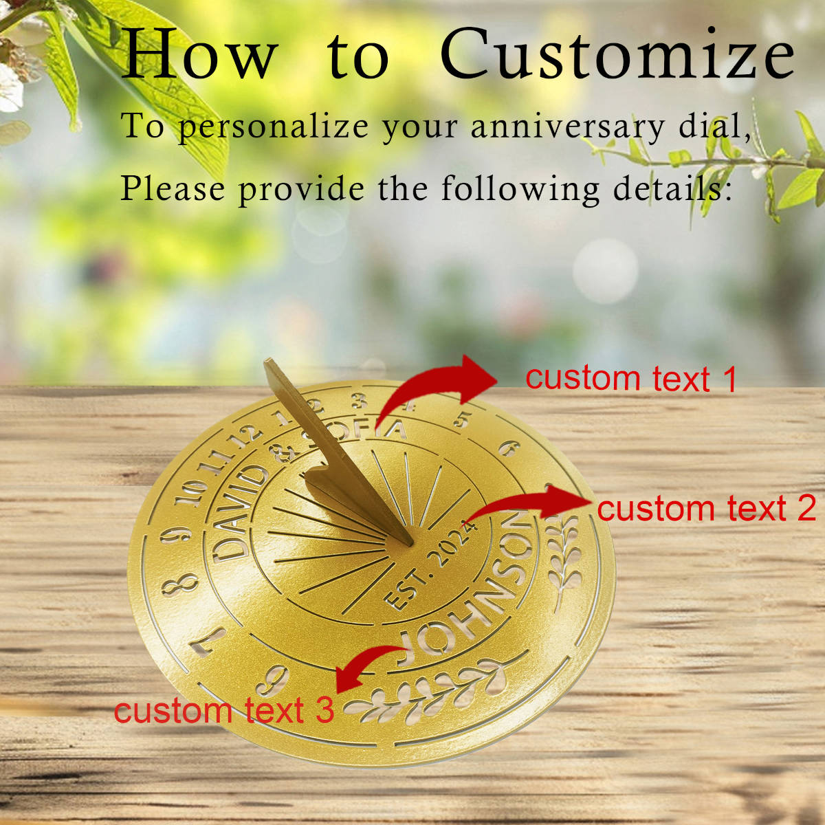 Custom metal sundial with names, year, and laurel design — unique anniversary gift idea.