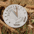 Custom metal sundial with names, year, and laurel design — unique anniversary gift idea.