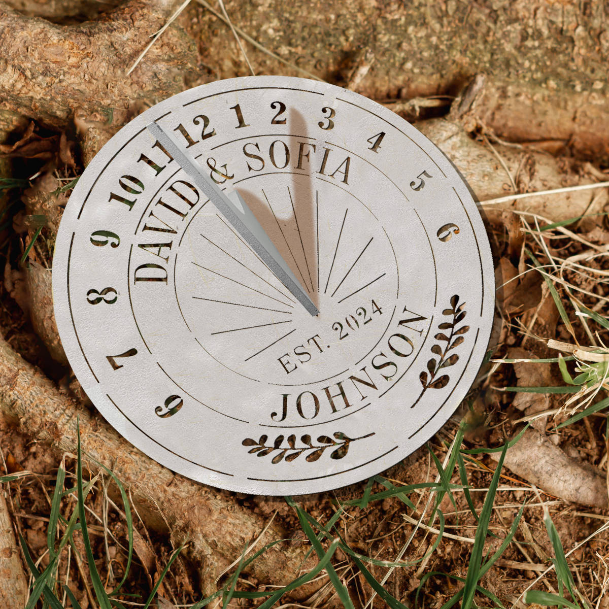 Custom metal sundial with names, year, and laurel design — unique anniversary gift idea.