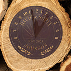 Custom metal sundial with names, year, and laurel design — unique anniversary gift idea.