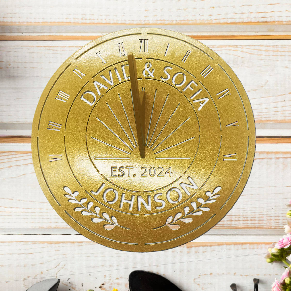 Custom metal sundial with names, year, and laurel design — unique anniversary gift idea. Main image