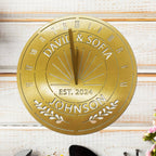 Custom metal sundial with names, year, and laurel design — unique anniversary gift idea.