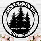 Personalized metal tree sign with custom names and established date, laser-cut steel wall décor.