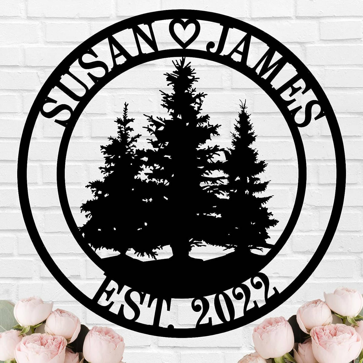 Personalized metal tree sign with custom names and established date, laser-cut steel wall décor.