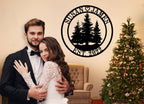 Personalized metal tree sign with custom names and established date, laser-cut steel wall décor.