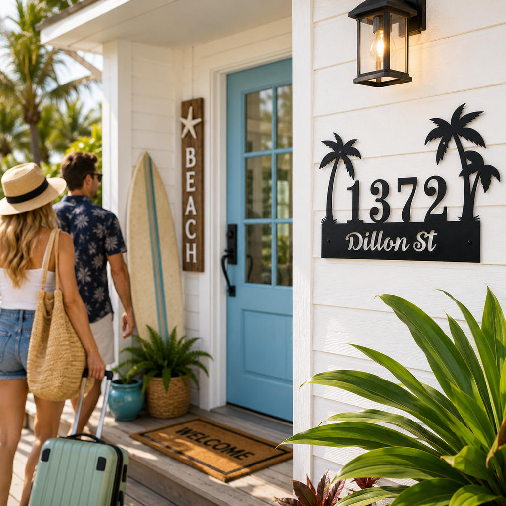 Personalized tropical palm tree metal address sign installed at the entrance of a beach-style Airbnb vacation rental.