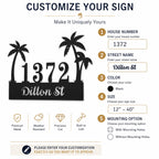 Customization guide for a personalized tropical palm tree metal address sign showing house number, street name, size, color, and mounting options.