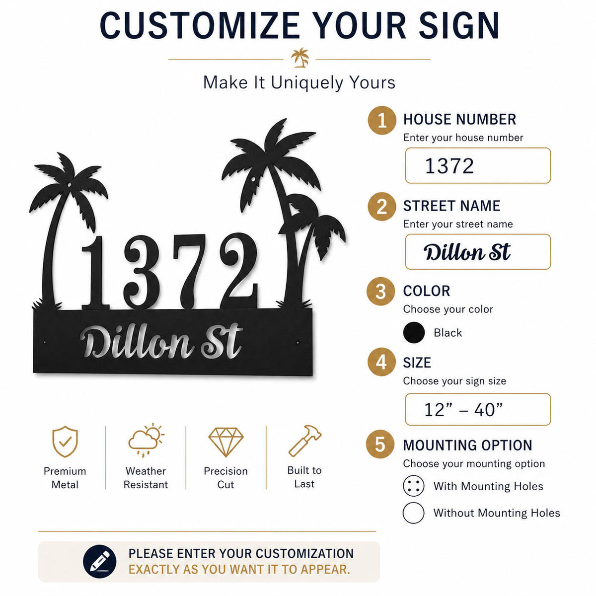 Customization guide for a personalized tropical palm tree metal address sign showing house number, street name, size, color, and mounting options.