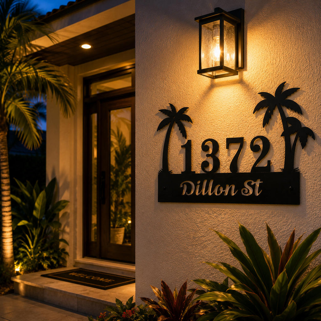 Personalized tropical palm tree metal address sign illuminated by warm porch lighting at night.