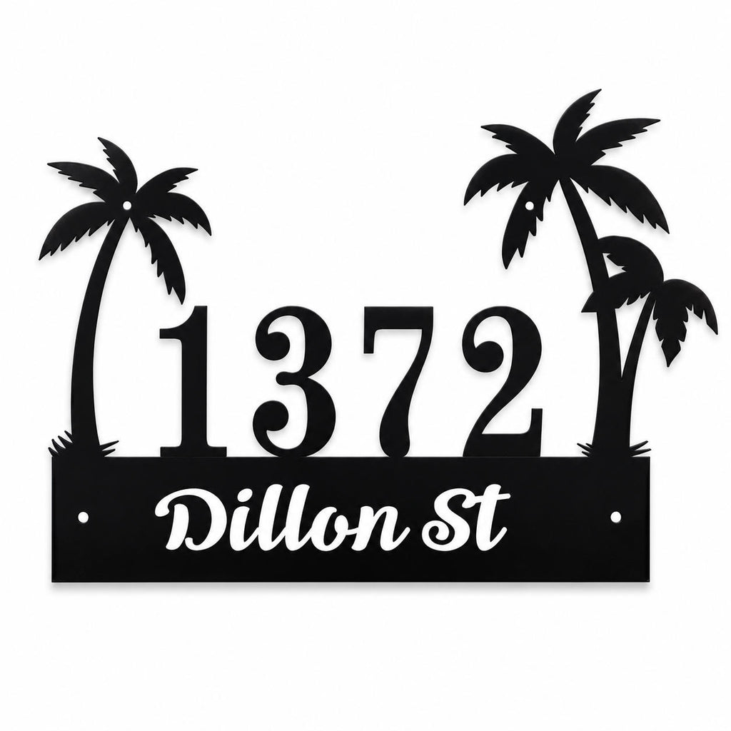 Personalized tropical palm tree metal address sign with custom house number 1372 and street name Dillon St, black powder-coated steel on a white background.