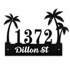 Personalized tropical palm tree metal address sign with custom house number 1372 and street name Dillon St, black powder-coated steel on a white background.